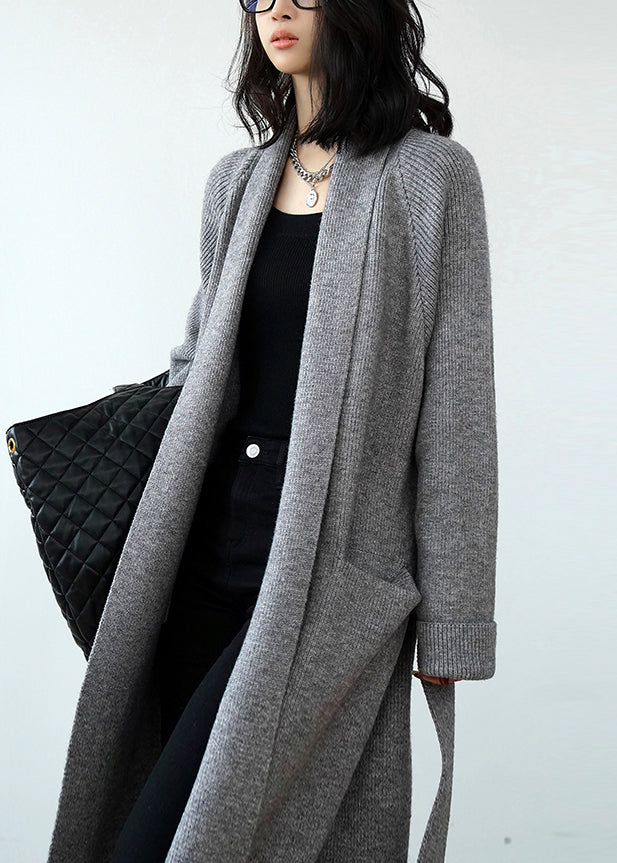 Chic Grey Pockets Tie Waist Knit Loose Cardigans Fall Winter