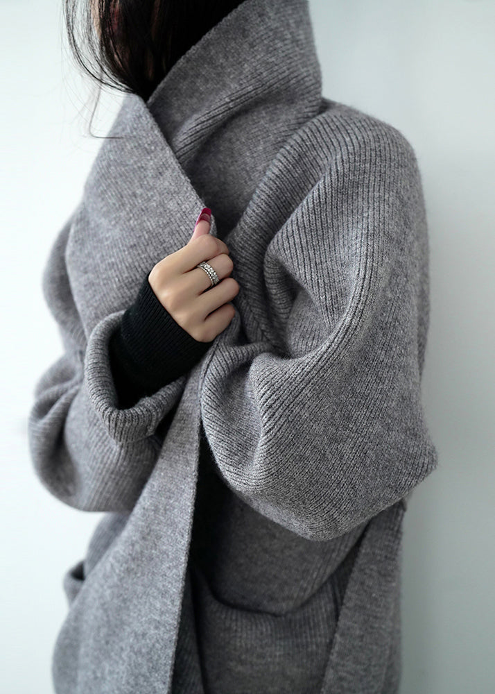 Chic Grey Pockets Tie Waist Knit Loose Cardigans Fall Winter