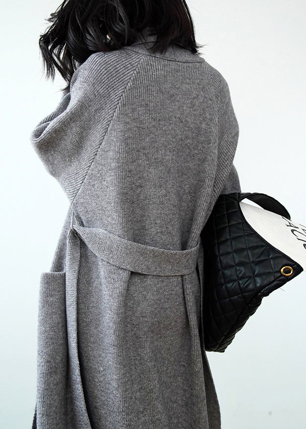 Chic Grey Pockets Tie Waist Knit Loose Cardigans Fall Winter