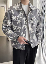 Chic Grey Print Pockets Cotton Mens Coats Spring