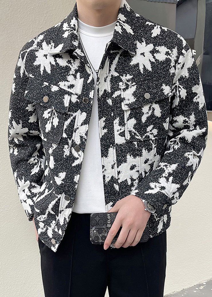 Chic Grey Print Pockets Cotton Mens Coats Spring