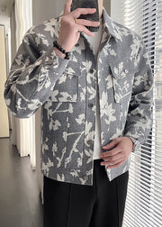 Chic Grey Print Pockets Cotton Mens Coats Spring