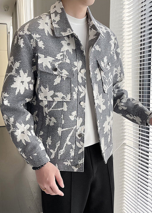 Chic Grey Print Pockets Cotton Mens Coats Spring