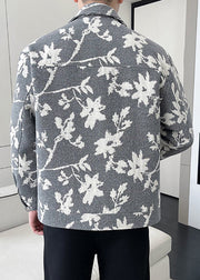 Chic Grey Print Pockets Cotton Mens Coats Fall