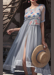 Chic Grey Print Side Open Cotton Long Dresses Summer