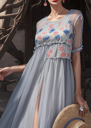 Chic Grey Print Side Open Cotton Long Dresses Summer