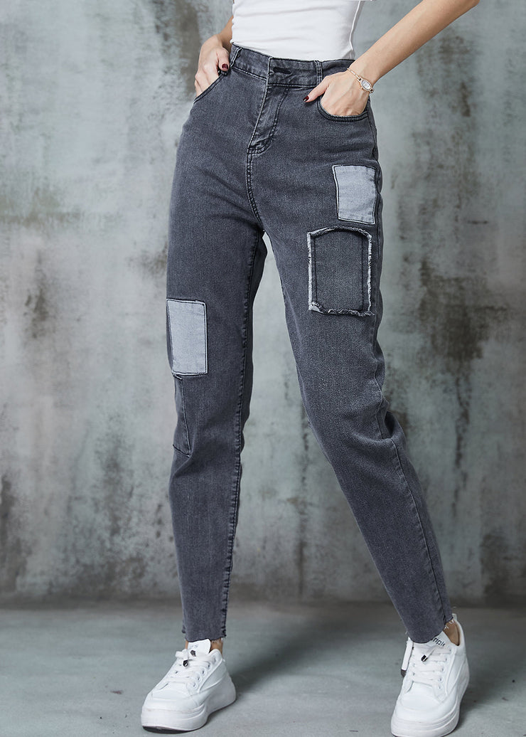 Chic Grey Silm Fit Patchwork Applique Denim Pants Spring