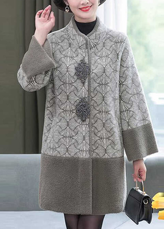 Chic Grey Stand Collar Print Patchwork Mink Velvet Coats Spring