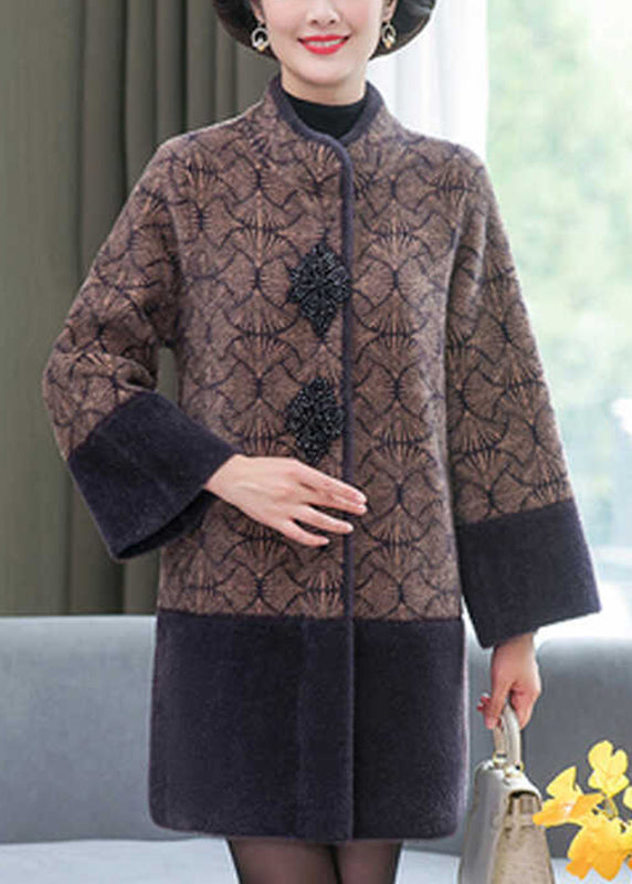 Chic Grey Stand Collar Print Patchwork Mink Velvet Coats Spring