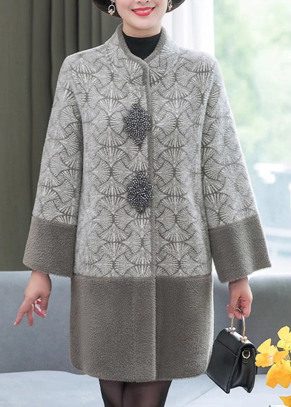 Chic Grey Stand Collar Print Patchwork Mink Velvet Coats Spring