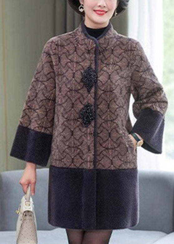 Chic Grey Stand Collar Print Patchwork Mink Velvet Coats Spring