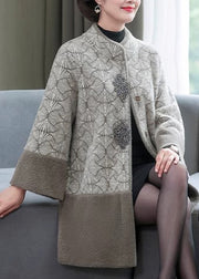 Chic Grey Stand Collar Print Patchwork Mink Velvet Coats Spring