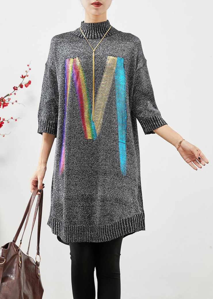 Chic Grey Stand Collar Sequins Knit Sweater Dress Half Sleeve