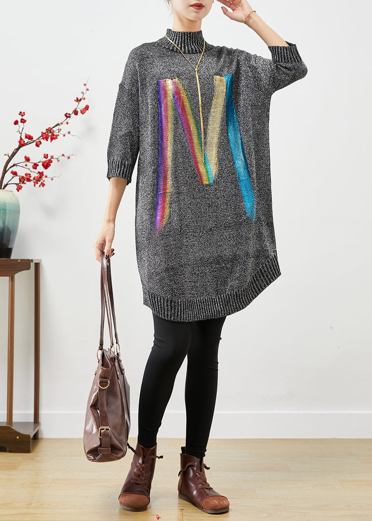 Chic Grey Stand Collar Sequins Knit Sweater Dress Half Sleeve