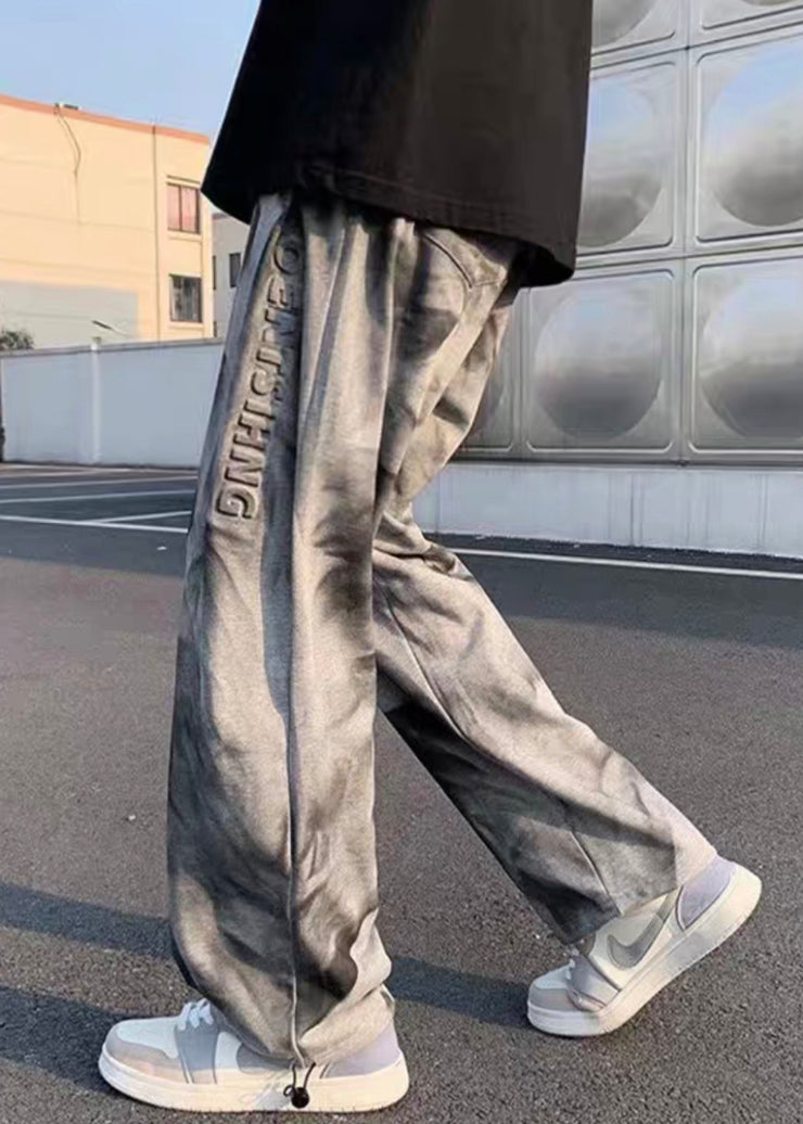 Chic Grey Tie Dye Drawstring Cotton Men Crop Pants Fall