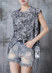 Chic Grey Tie Dye Low High Design Cotton Beach Vest Summer