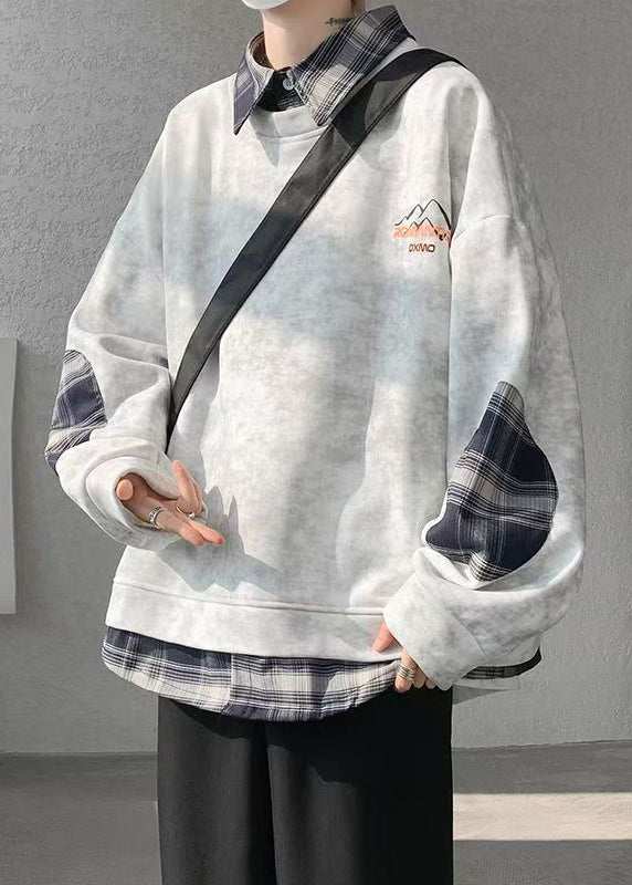 Chic Grey Tie Dye Plaid Patchwork Warm Fleece Mens Sweatshirts Spring