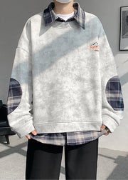 Chic Grey Tie Dye Plaid Patchwork Warm Fleece Mens Sweatshirts Spring