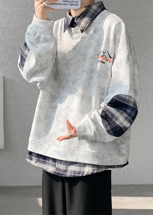 Chic Grey Tie Dye Plaid Patchwork Warm Fleece Mens Sweatshirts Spring