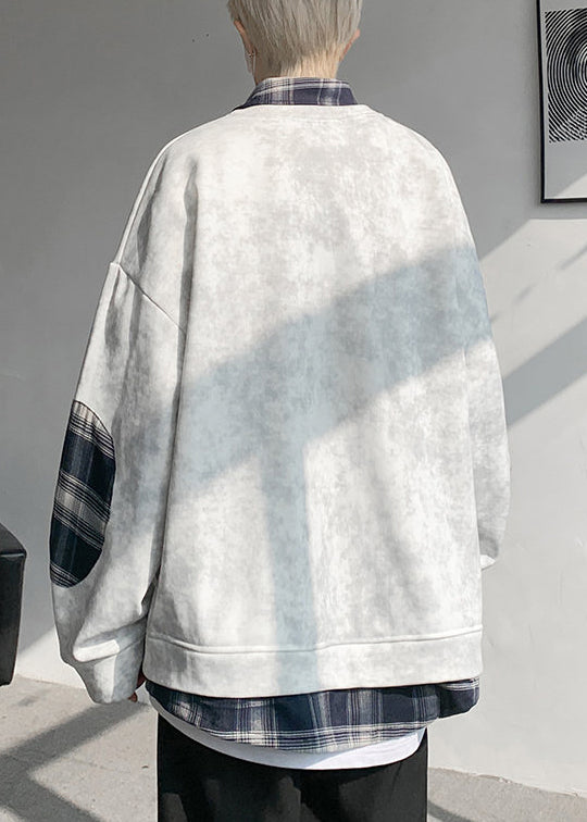 Chic Grey Tie Dye Plaid Patchwork Warm Fleece Mens Sweatshirts Spring