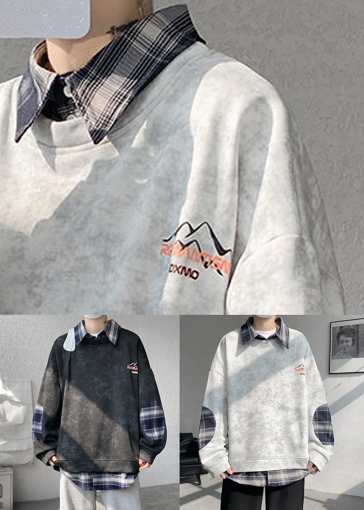 Chic Grey Tie Dye Plaid Patchwork Warm Fleece Mens Sweatshirts Spring