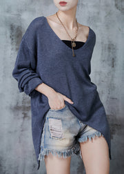 Chic Grey V Neck Asymmetrical Design Knit Sweaters Spring