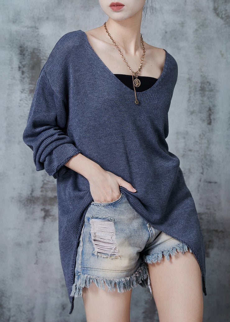 Chic Grey V Neck Asymmetrical Design Knit Sweaters Spring