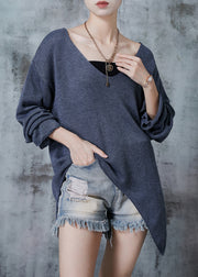 Chic Grey V Neck Asymmetrical Design Knit Sweaters Spring