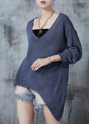 Chic Grey V Neck Asymmetrical Design Knit Sweaters Spring