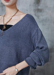 Chic Grey V Neck Asymmetrical Design Knit Sweaters Spring