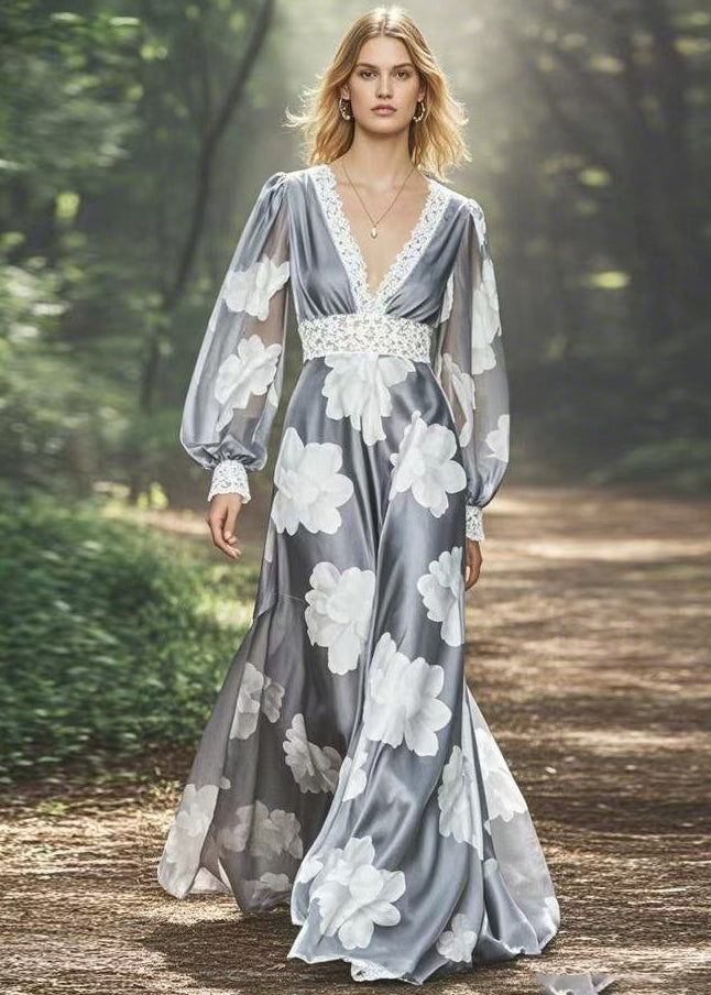 Chic Grey V Neck Print Patchwork Silk Long Dresses Spring