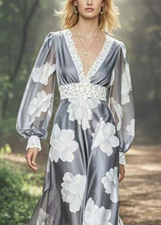 Chic Grey V Neck Print Patchwork Silk Long Dresses Spring