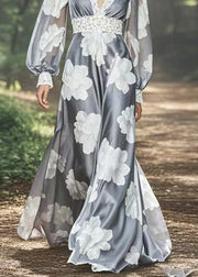 Chic Grey V Neck Print Patchwork Silk Long Dresses Spring