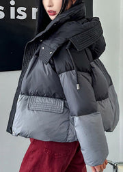 Chic Grey Zip Up Pockets Duck Down Hooded Jacket Winter