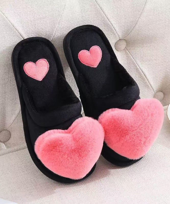 Chic Heart Splicing Slippers Shoes Pink Fuzzy Wool Lined