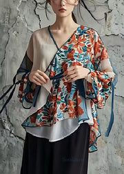 Chic Khaki Asymmetrical Print Chiffon Tops Summer