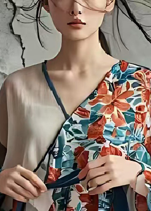 Chic Khaki Asymmetrical Print Chiffon Tops Summer