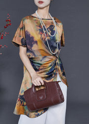 Chic Khaki Asymmetrical Print Silk Tops Summer