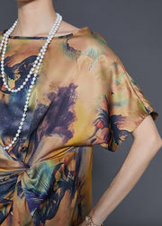 Chic Khaki Asymmetrical Print Silk Tops Summer