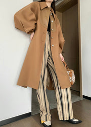 Chic Khaki Button Tie Waist Patchwork Woolen Trench Coats Lantern Sleeve