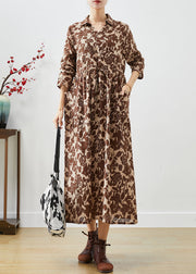 Chic Khaki Cinched Print Cotton Long Dresses Fall