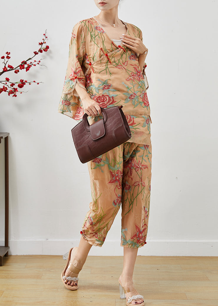 Chic Khaki Embroidered Chinese Button Silk Two Pieces Set Summer