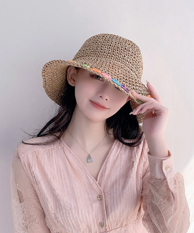 Chic Khaki Floral Straw Woven Floppy Sun Hat