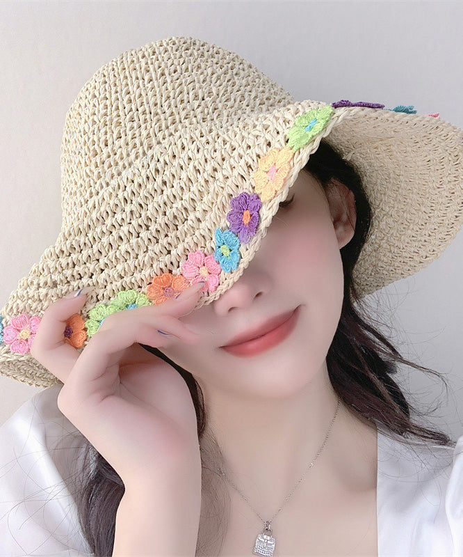 Chic Khaki Floral Straw Woven Floppy Sun Hat