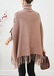 Chic Khaki High Neck Oversized Tasseled Knitted Tops Batwing Sleeve