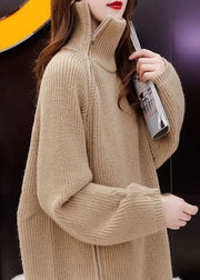 Chic Khaki High Neck Zippered Cozy Knit Pullover Winter