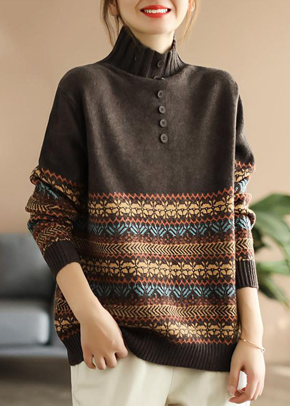 Chic Khaki Hign Neck Print Knit Sweater Spring