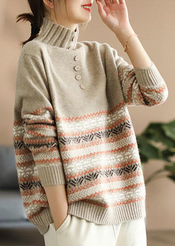 Chic Khaki Hign Neck Print Knit Sweater Spring