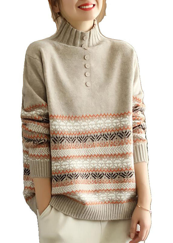 Chic Khaki Hign Neck Print Knit Sweater Spring