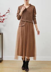 Chic Khaki Jacquard Patchwork Wool Tulle Dress Summer